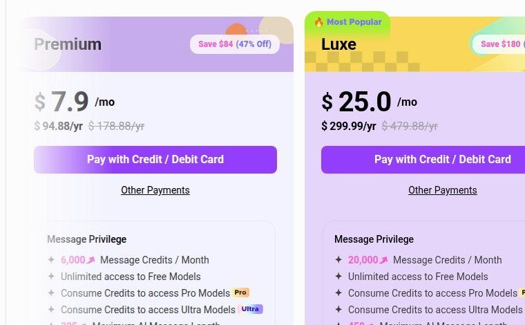 Carte dei piani nella pagina prezzi di CrushOn AI